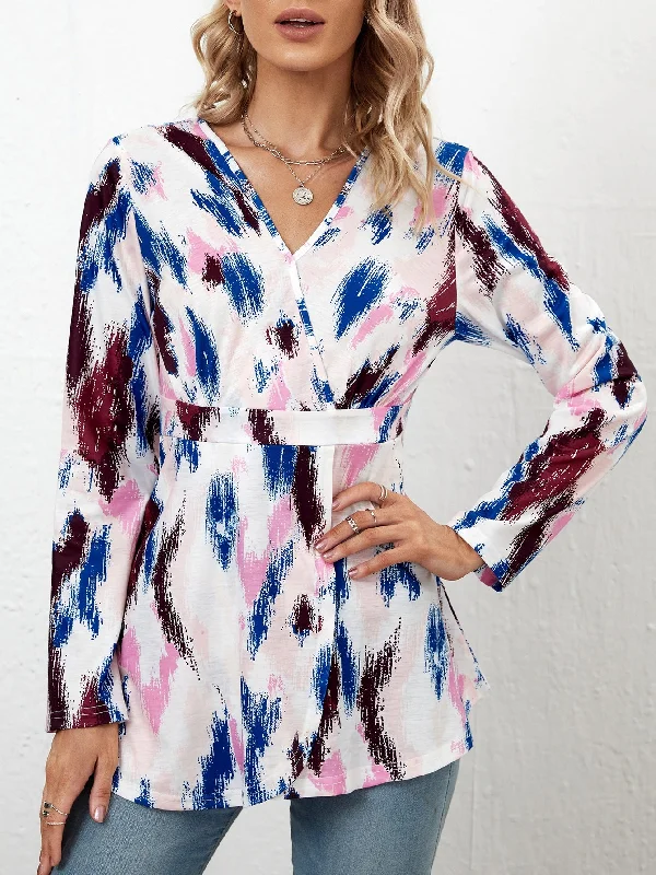 Casual Graphic Wrap Long Sleeve V Neck Long Women T-Shirt Monochromatic Office Style Casual Graphic Wrap Long Sleeve V Neck Long Women T-Shirt Monochromatic Office Style