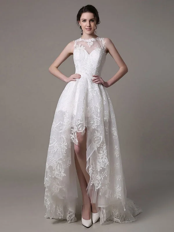 Lace High-Low Wedding Gown With Llusion Neckline And Back Exclusive