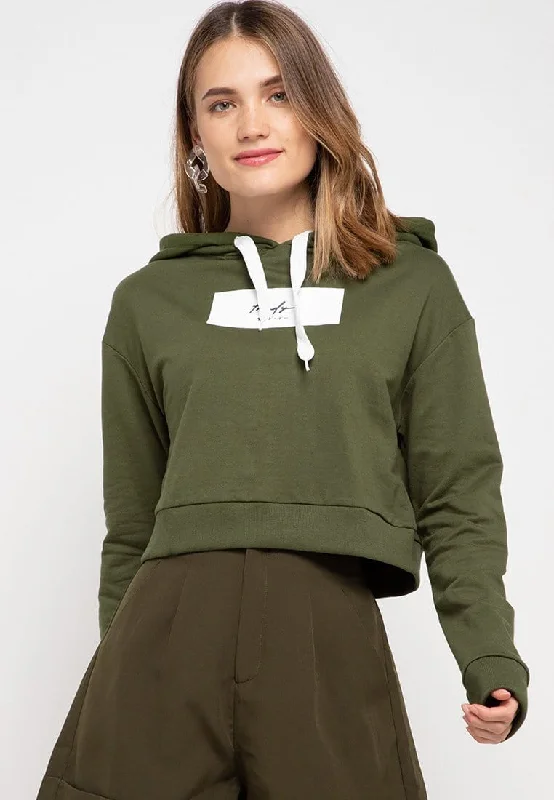 LMP013 pbch crop hoodie thrdysign rectagle green army Refined Women's Velvet