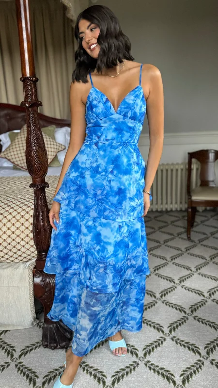 Emmeline Blue Floral Organza Floral Dye Maxi Dress Cozy Women's Winter