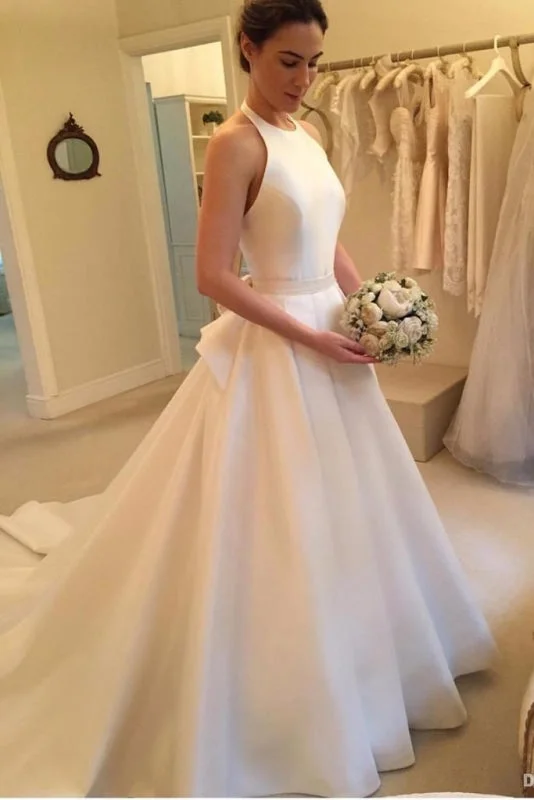A Line Halter Satin Simple Backless Sleeveless Wedding Dress with Bow Refined Women's Hand - crafted