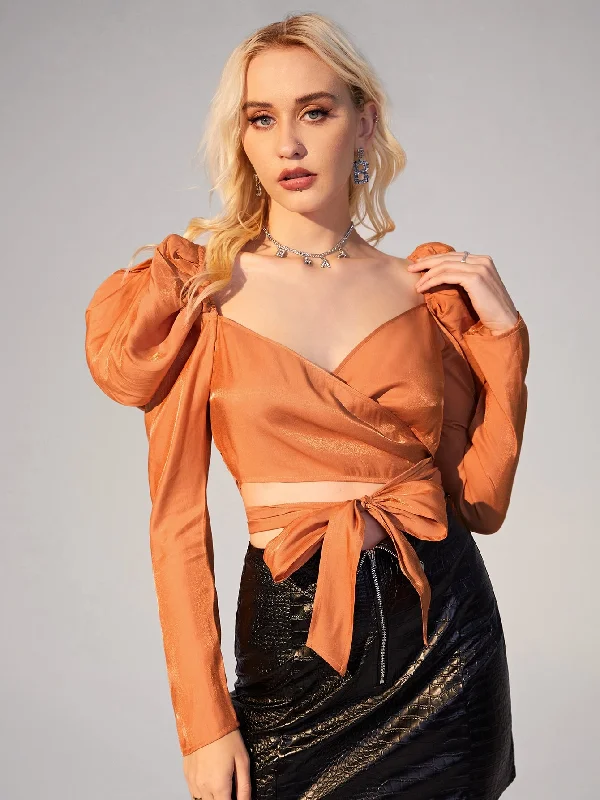Glamorous Plain Wrap Long Sleeve Sweetheart Crop Blouse Casual Women's Loose - fitting