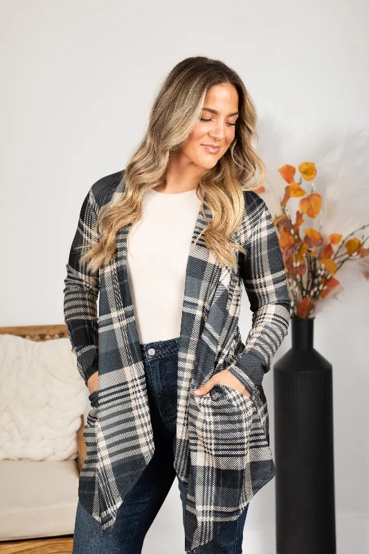 Charcoal Plaid Open Cardigan Adventure