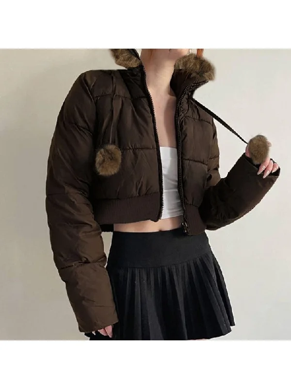 Padded Fake Fur Hooded Zipper Coats Monochromatic All - in - one