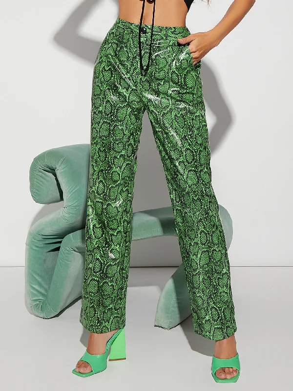Glamorous Snakeskin Print Zipper High Waist Long Women Pants Refined Women's Velvet