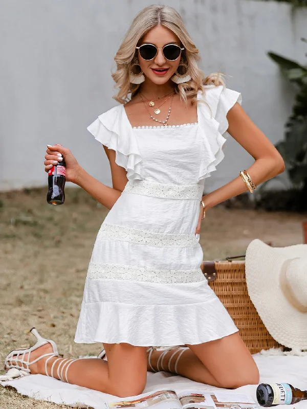 Plain Tie Back Cap Sleeve Square Neck Flounce High Waist Short Dress