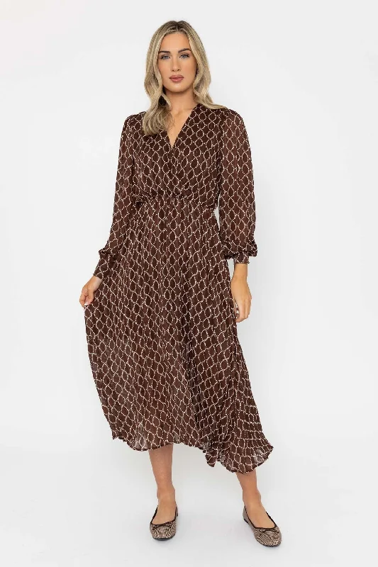 Long Sleeve Printed Midi Dress in Brown Streetwear Style for 