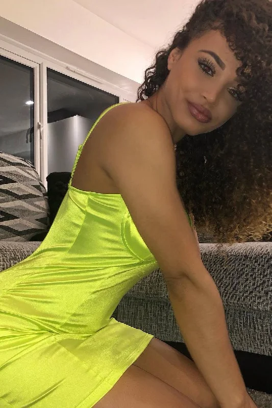 Neon Yellow Satin Clasp Front Cup Mini Dress - Teana Monochromatic All - in - one