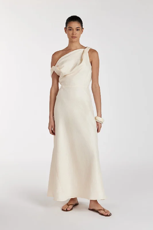 JOELLE CREAM LINEN MIDI DRESS Trendy Women's 