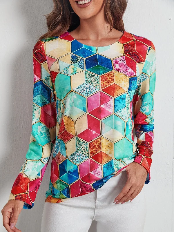 Casual Geometric Long Sleeve Round Neck Regular Women T-Shirt Modern Women's 