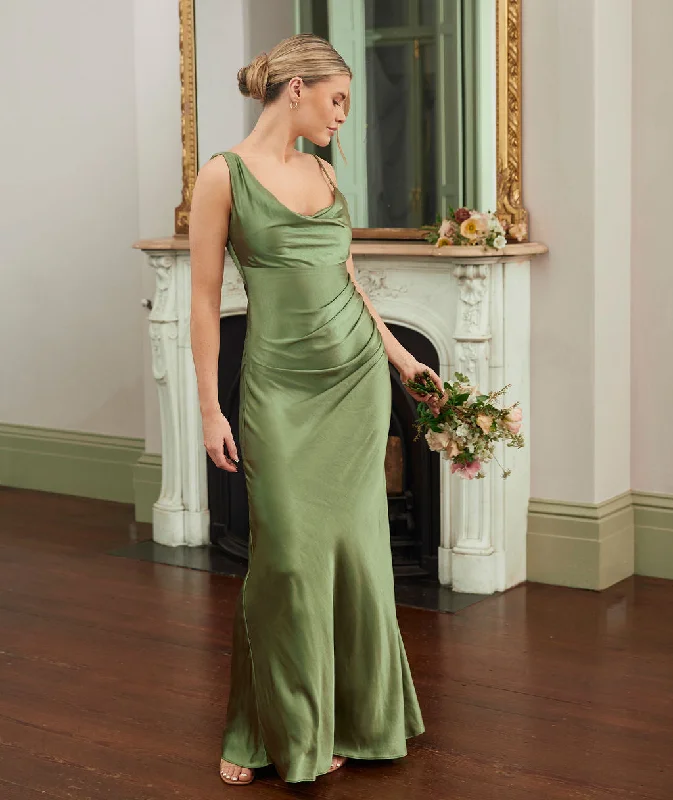 Cowl Front Asymmetrical Satin Bridesmaid Dress - Moss Green