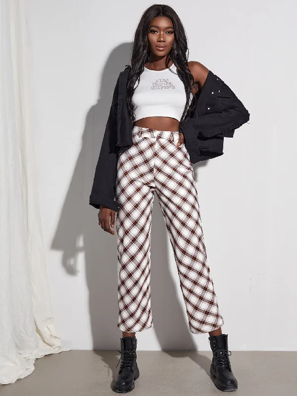 Preppy Tartan Zipper High Waist Cropped Women Pants Adventure
