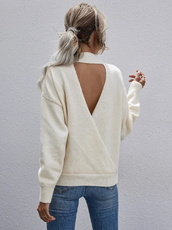 Sexy Plain Backless Long Sleeve Stand Collar Regular Women Sweater Cozy Women's Sherpa - lined
