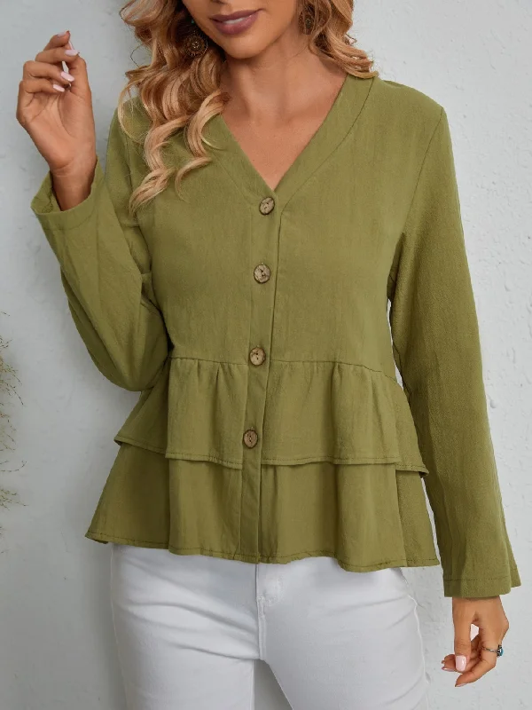 Cute Plain Button Front Long Sleeve V Neck Regular Blouse Contemporary 