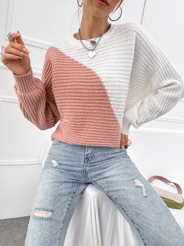 Casual Colorblock Rib-Knit Long Sleeve Stand Collar Regular Women Sweater