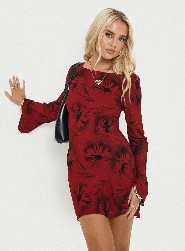 Feyd Long Sleeve Mini Dress Red Floral Relaxed Women's Beachy