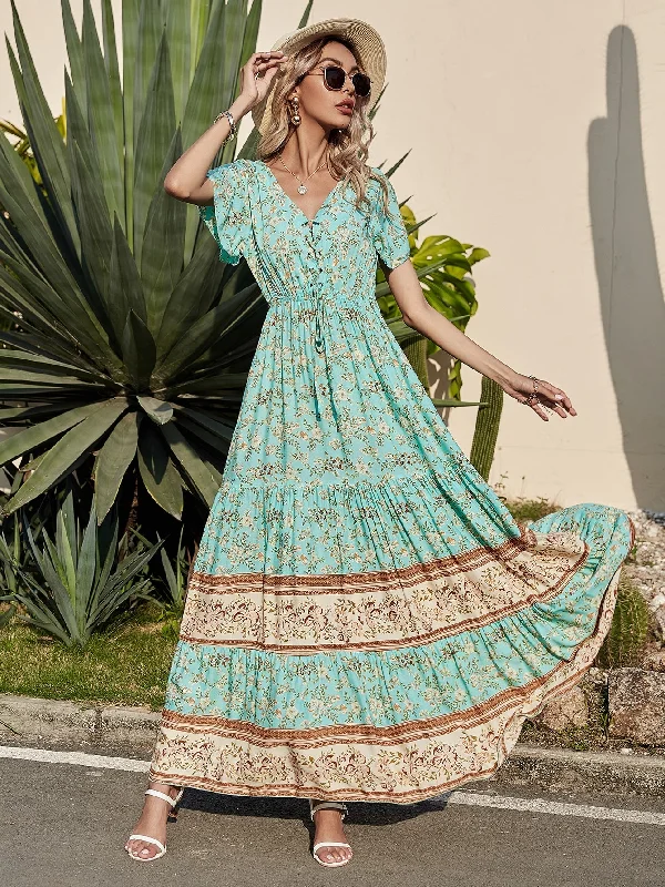 Ditsy Floral Lace Up Short Sleeve V Neck Flounce High Waist Maxi Dress Traditional Women's 
