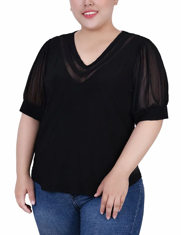 Plus Size Short Puff Sleeve V Neck Top