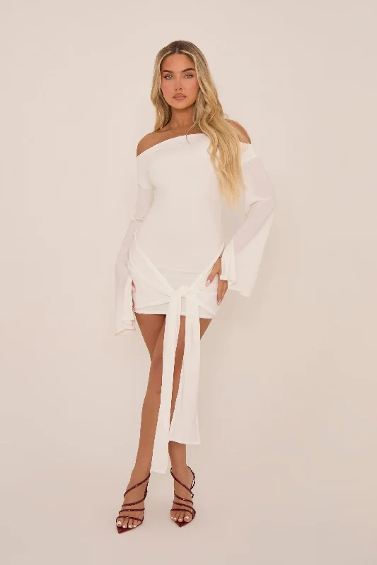 White Long Flared Sleeves Drape Detail Bodycon Mini Dress - Maya