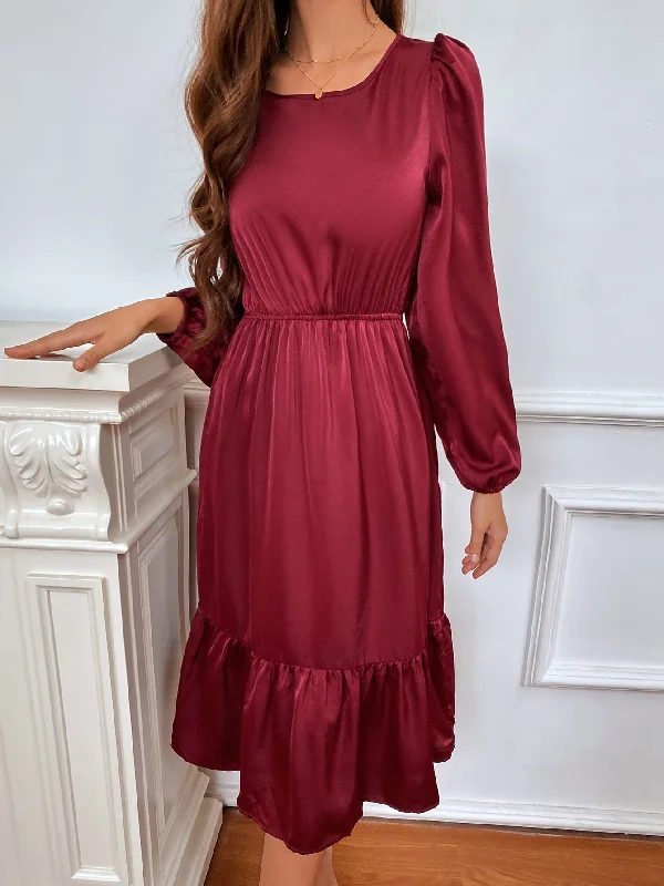 Plain Ruffle Hem Long Sleeve Scoop Neck Flounce High Waist Midi Dress