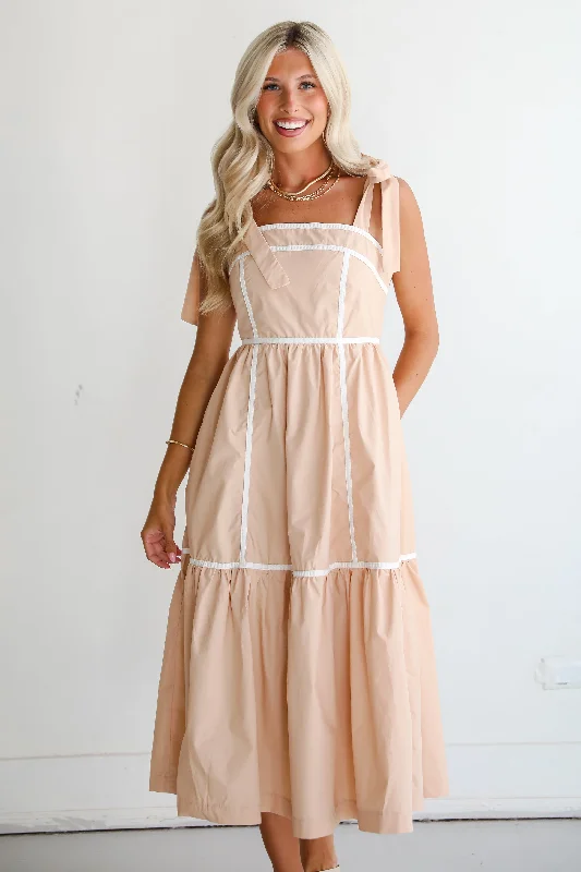 FINAL SALE - Cheerful Effect Taupe Midi Dress Sophisticated Women's 