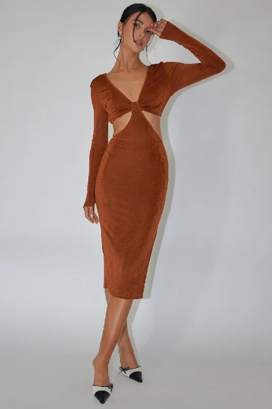 Acapulco Long Sleeve Cut-Out Waist Side Split Midi Jersey Dress Chocolate Cozy Women's Winter