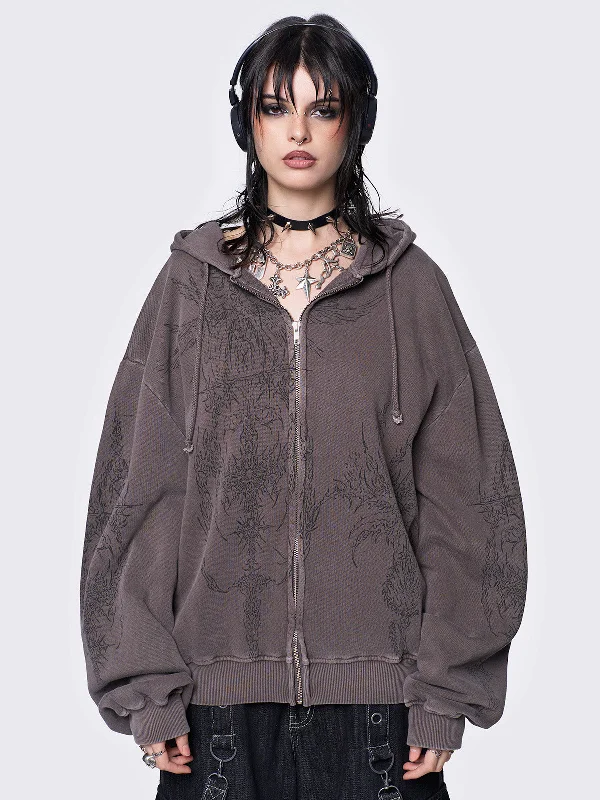 Enigmatic Brown Wash Oversized Zip Up Hoodie Minimalist Women's Casual