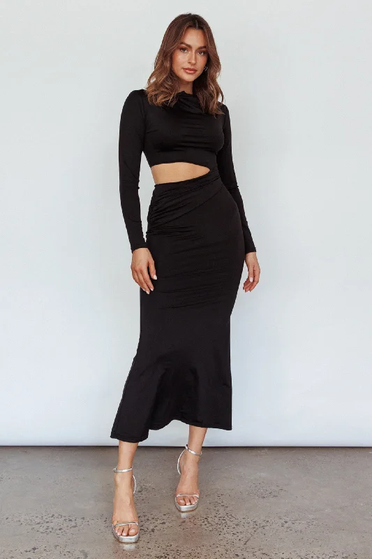 Rajah Long Sleeve Cut-Out Midi Dress Black Minimalist Women's Casual