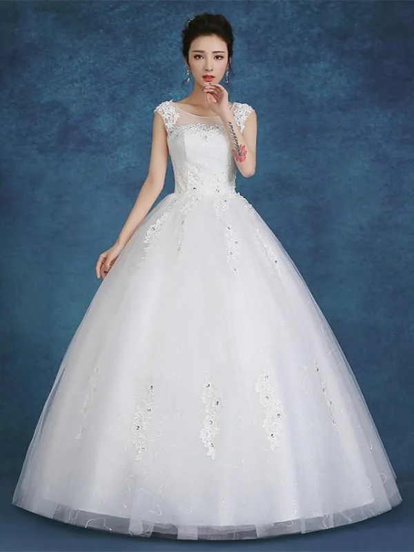 Ball Gown Wedding Dresses Scoop Neck Floor Length Satin Tulle Cap Sleeve Romantic See-Through Backless