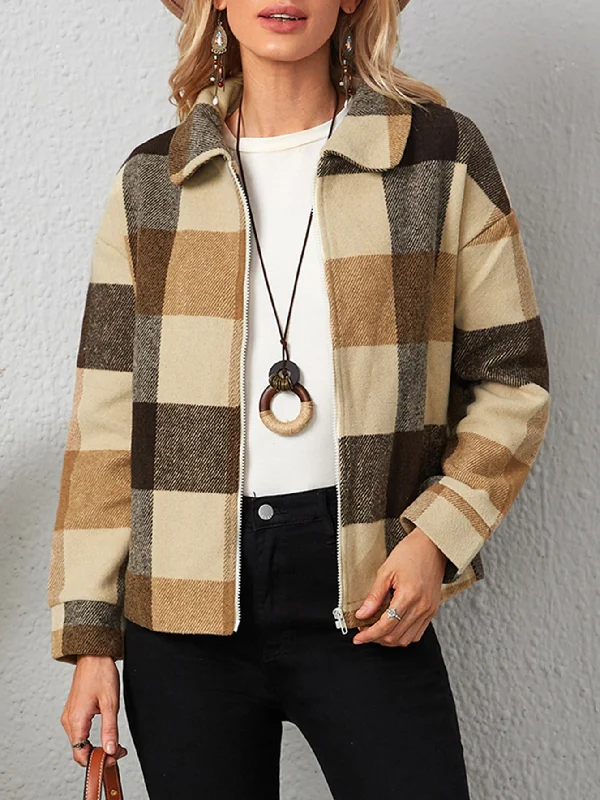 Casual Plaid Zipper Long Sleeve Collar Regular Women Coat Youthful Women's Pop