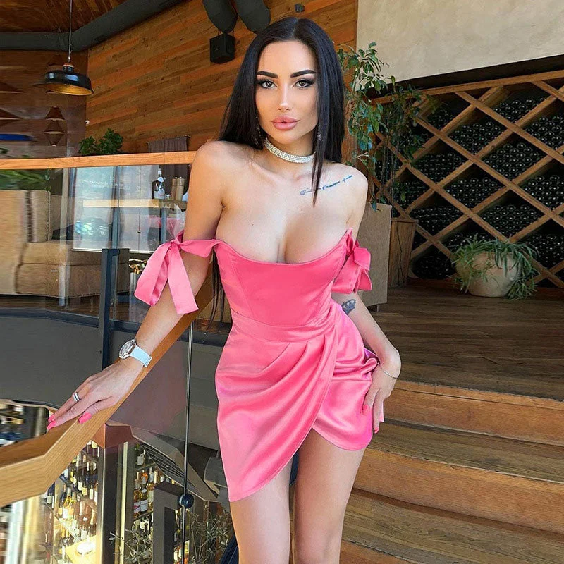 BerryBetty - Solid Color Tie Strap Ruched Wrap Trim Bodycon Mini Dress - Pink Adventure BerryBetty - Solid Color Tie Strap Ruched Wrap Trim Bodycon Mini Dress - Pink Adventure