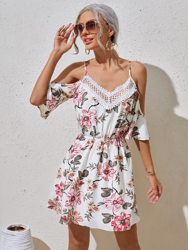 Floral Contrast Lace Half Sleeve Cold Shoulder Flared High Waist Short Dress