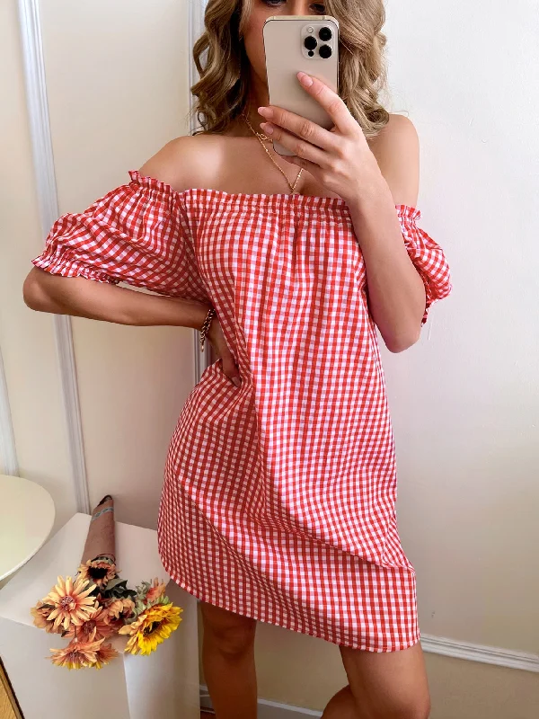 Gingham Frill Short Sleeve Off The Shoulder Straight Natural Short Dress