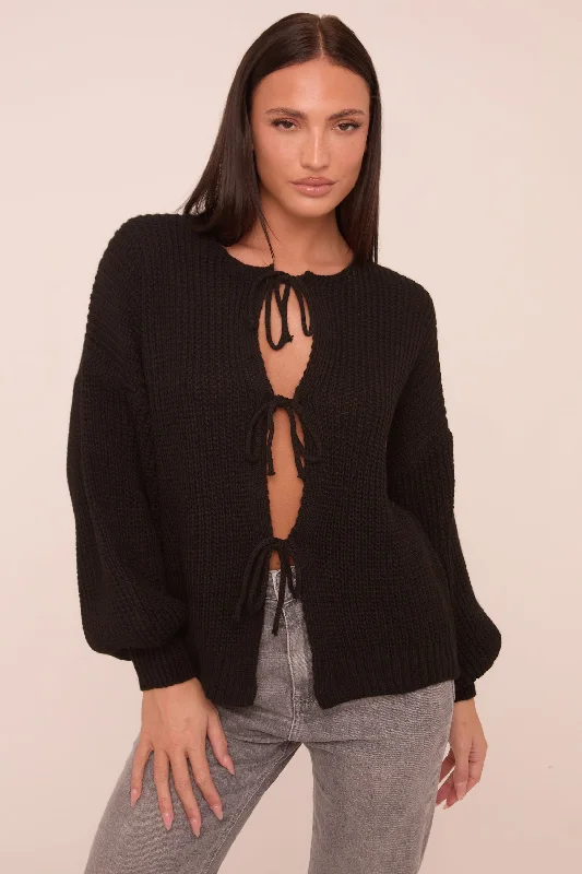 Black Knit Tie Front Detail Long Sleeves Cardigan - Ava Australian Beach