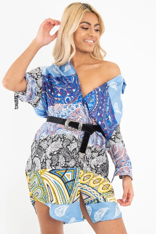 Blue Paisley Satin Midi Shirt Dress - Ilsa Dapper Women's 1920S