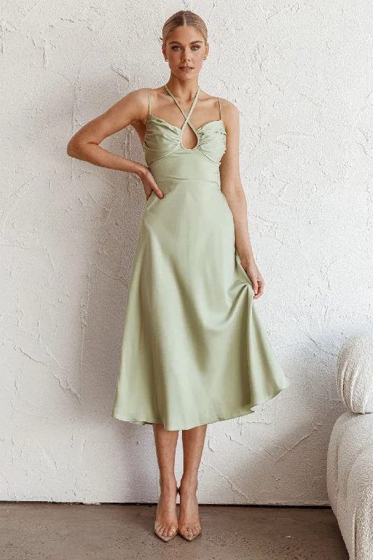 Emmalie Satin Midi Dress Sage Casual Women's Loose - fitting