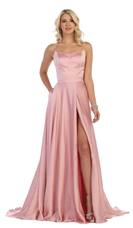 May Queen - MQ1642 Halter Neck Tie String Back A-Line Satin Gown