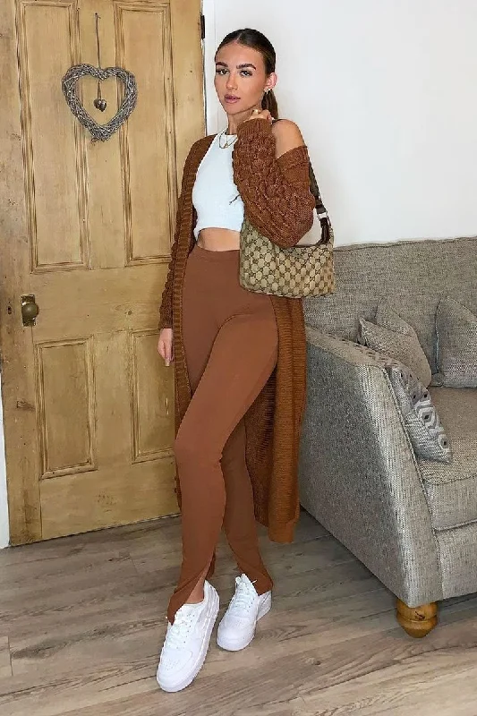 Brown Waffle Sleeve Maxi Cardigan - Davaya Geometric