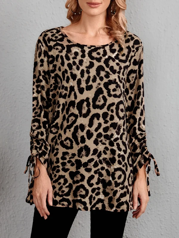 Elegant Leopard Drawstring Long Sleeve Round Neck Long Blouse Stylish Women's Tropical Elegant Leopard Drawstring Long Sleeve Round Neck Long Blouse Stylish Women's Tropical
