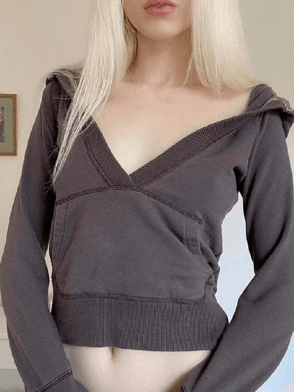 V Neck Y2K Cropped Hoodie Refined Women's Hand - crafted