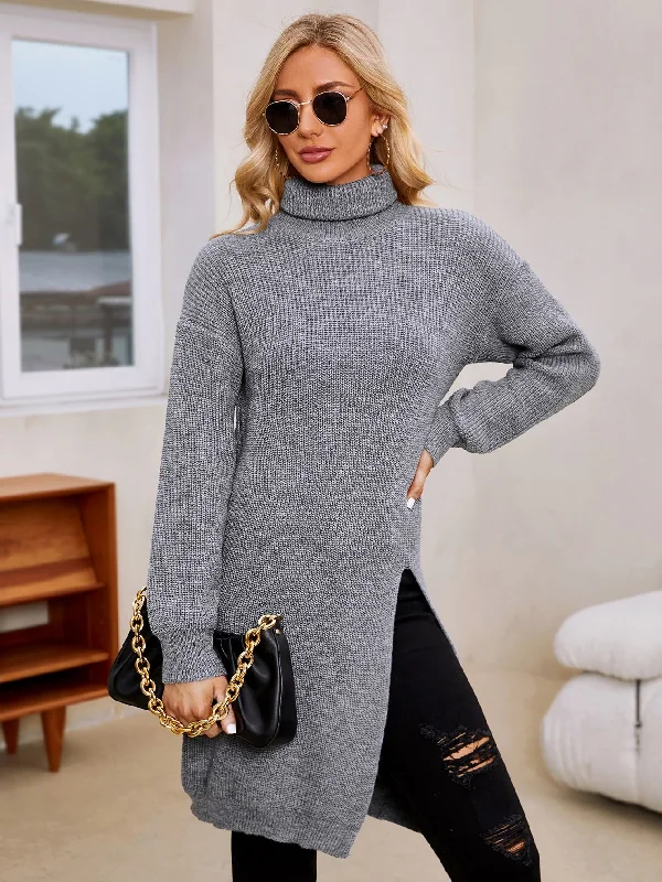 Casual Plain Split Long Sleeve Funnel Neck Slit Long Women Sweater