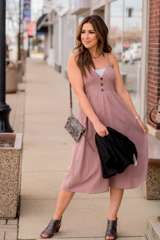 Button Bodice Thin Strapped Midi Dress European