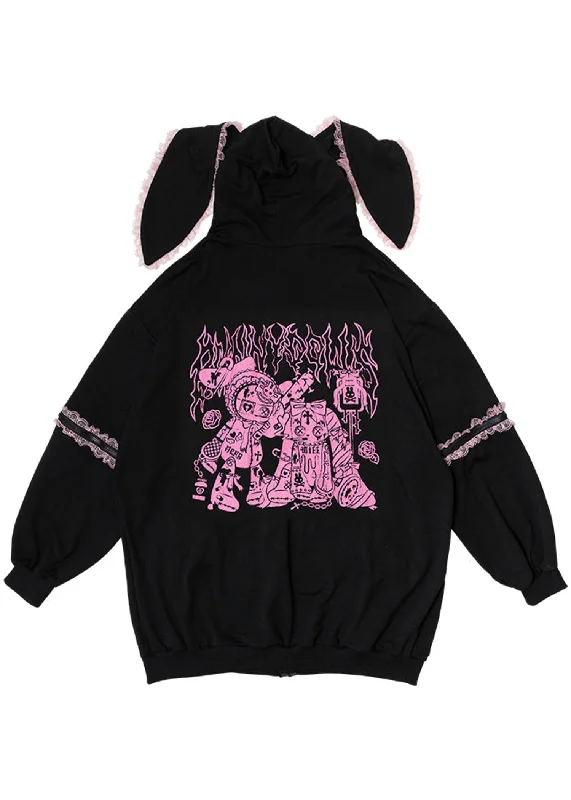 Bunny Dolls Punky Bunny Usamimi Black Pink Oversized Zip Hoodie Sustainable Organic