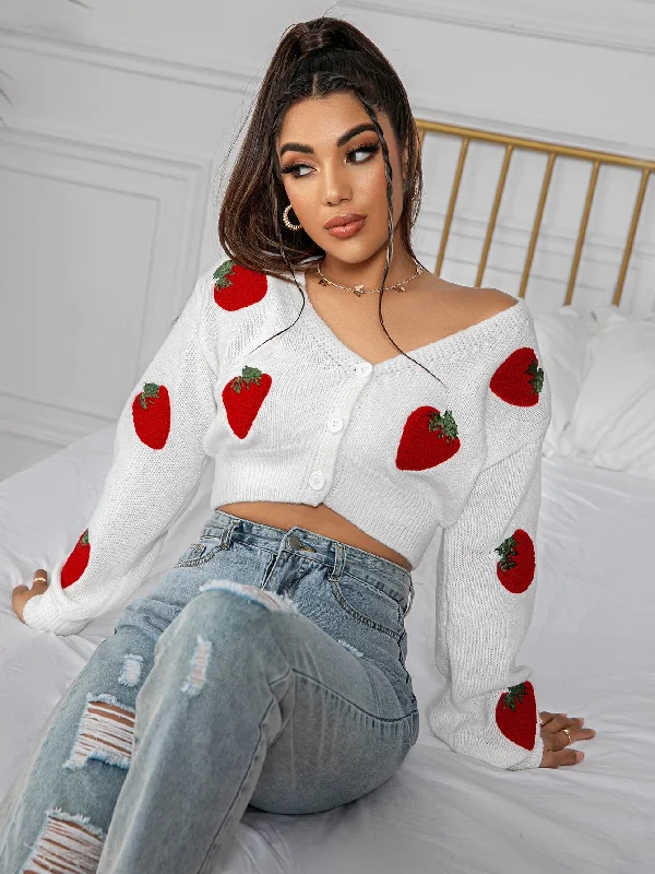 Casual Fruit&Vegetable Button Front Long Sleeve V Neck Crop Women Cardigan