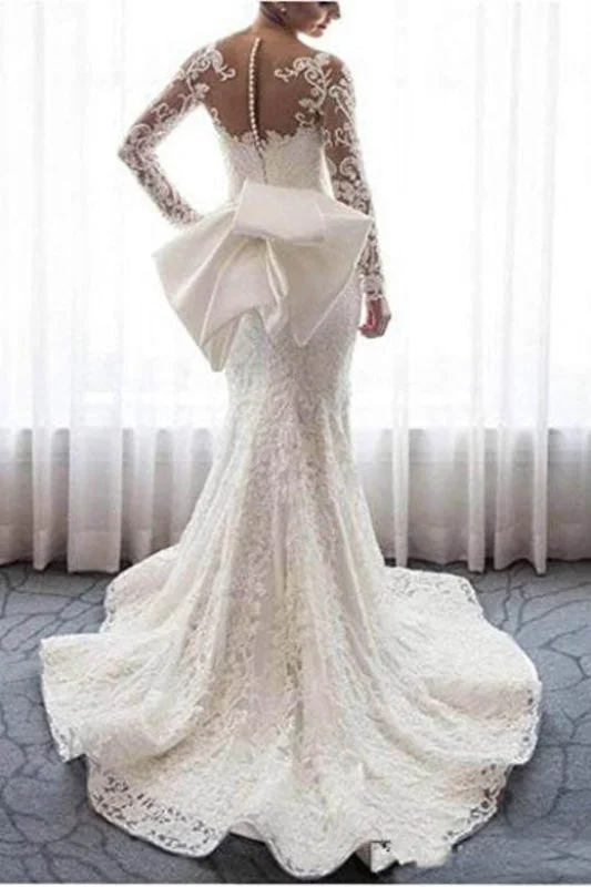 Gorgeous Lace with Long Sleeves Bowknot Mermaid Wedding Dress Monochromatic Office Style