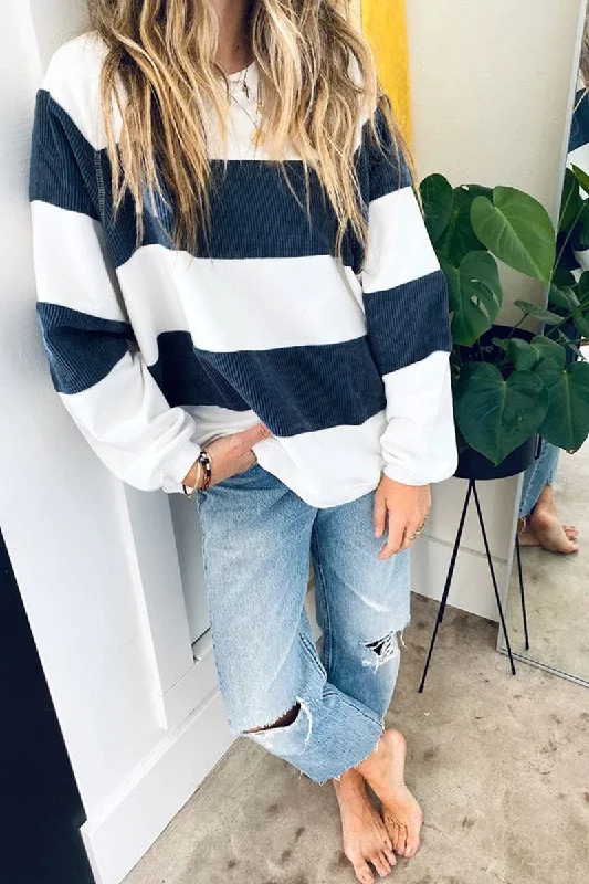 Casual Striped Print Patchwork O Neck Hoodies Unique Women's Upcycled