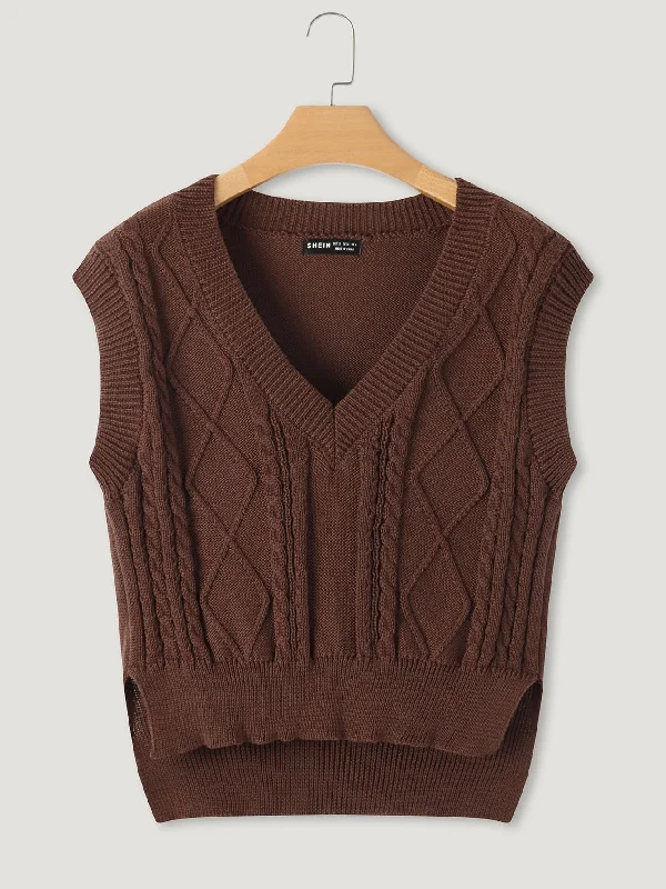 Casual Plain Split Sleeveless Round Neck Slit Regular Women Knit Top Gym