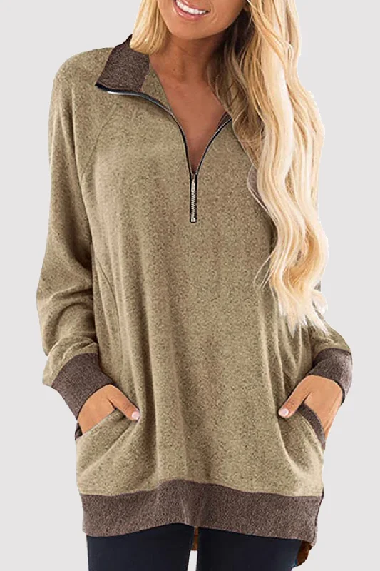 Casual Patchwork Pocket Zipper Turndown Collar Tops(4 Colors)） Confident Women's High - fashion