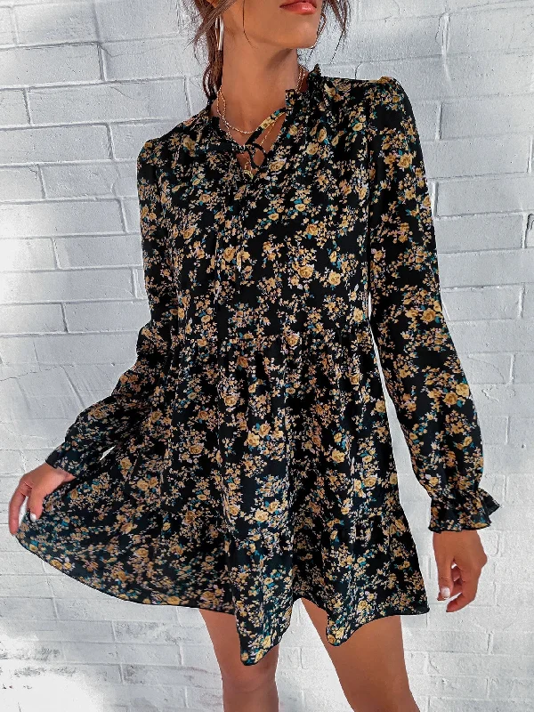 All Over Print Lace Up Long Sleeve Notched Flared High Waist Short Dress