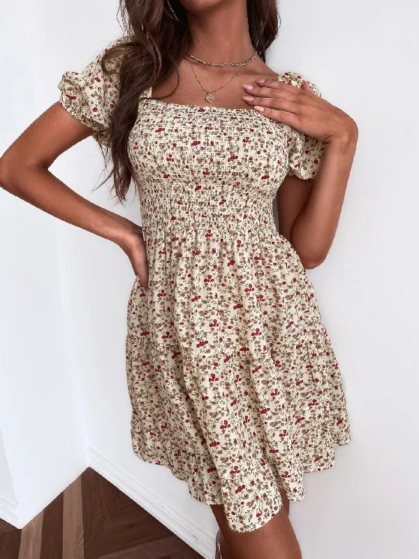 Ditsy Floral Shirred Short Sleeve Square Neck Flounce High Waist Short Dress